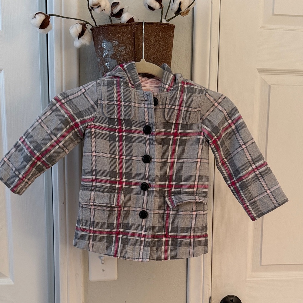 Old Navy Gray and Pink Plaid Hooded Pea Coat